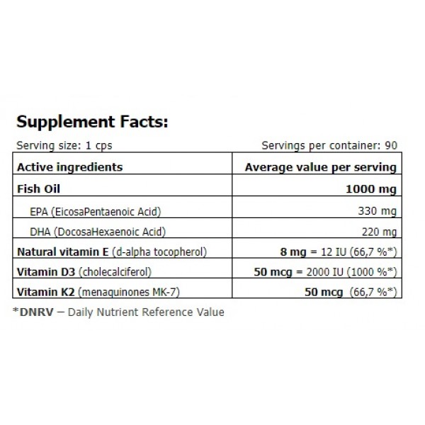 Омега 3 с повышенной концентрацией ЕПА/ДГА + Витамины Д3, К2, Е, Amix, GreenDay Omega3 FORTE 330/220 + D3,K2,Vit.E - 90 гель капс