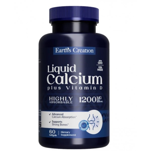 Кальций с витамином Д3, Earths Creation, Liquid Calcium 1200 Plus Vitamin D3 - 60 гель капс