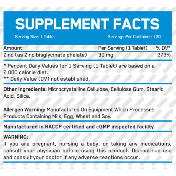 Цинк хелат, Everbuild Nutrition, Zinc Bisglycinate 30 мг - 120 таб
