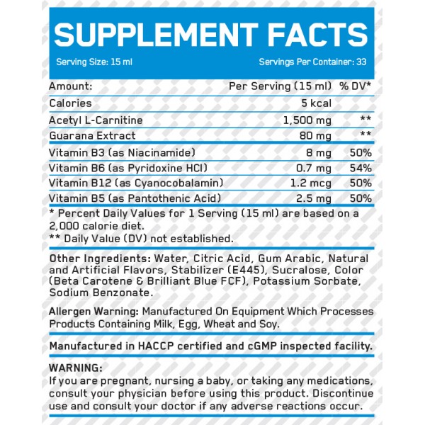 Л-карнітин ацетил з Гуараною, Everbuild Nutrition, Liquid Acetyl L-Carnitine + Guarana - 495 мл