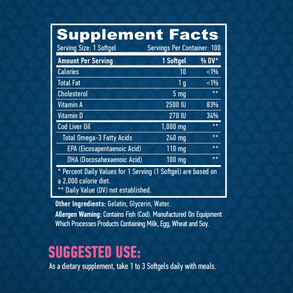 Омега 3 с масла печени Трески, Haya Labs, Cod Liver Oil 1000 мг - 100 гель капс