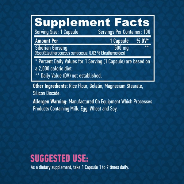 Сибирский Женьшень (корень), Haya Labs, Siberian Ginseng 500 мг - 100 капс