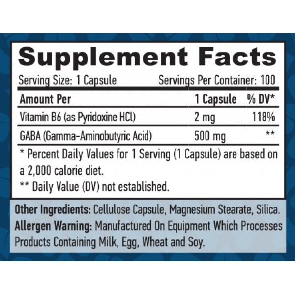 Гамма-аминомасляная кислота + Витамин В6, Haya Labs, Gaba + B6 500 мг - 100 веган капс