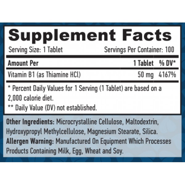 Витамин В1 (Тиамин) 50 мг, Haya Labs, Vitamin B-1/Thiamine/ 50 мг - 100 таб