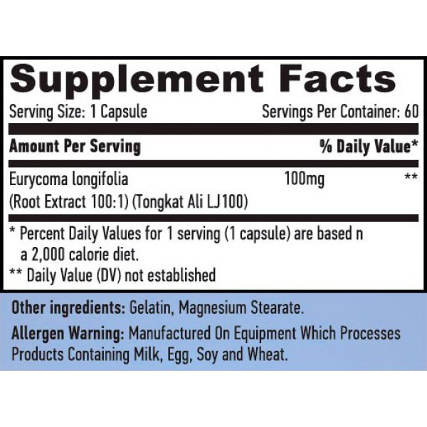 Эврикома длиннолистая (Тонгкат Али, Лонгджек), Haya Labs, LongJack 100:1 100 мг - 60 капс