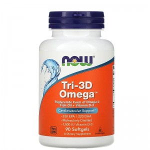 Омега-3 (330 ЭПК / 220 ДГК) + Д3, NOW, Tri-3D Omega-3 - 90 гель капс