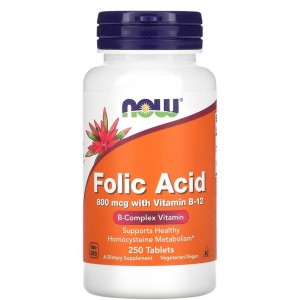 Фолиевая кислота + Витамин В12, NOW, Folic Acid & B12 800 мкг - 250 таб