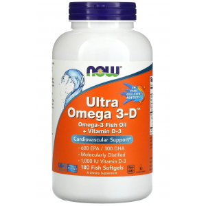 Рыбий жир с высокой концентрацией Омега-3 (600 EPA / 300 DHA) и витамином Д3, NOW, Ultra Omega-3-D - 180 гель капс