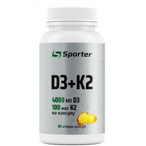 Вітаміни Д3 + К2, Sporter, D3 4000 МО + K2 100 мкг - 60 софт гель