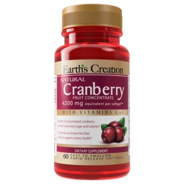 Клюква + Витамины С, Е, Earths Creation, Cranberry 4200 мг (Fruit Concentrate) - 60 гель капс