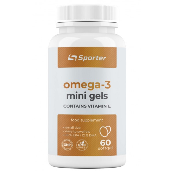 Рыбий жир Омега 3 + Витамин Е (180 ЕПК / 120 ДГК), Sporter, Omega 3 mini gels plus Vit E - 60 гель капс