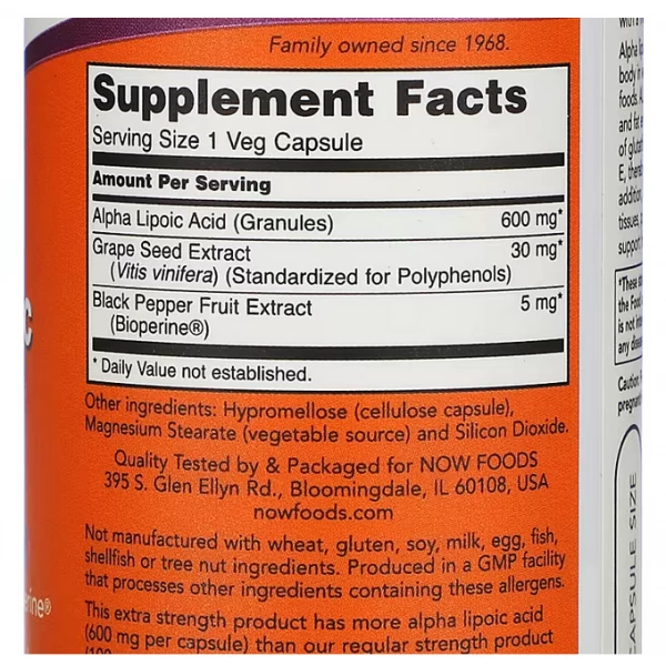 Альфа-ліпоєва кислота ALA, NOW, Alpha Lipoic Acid 600 мг