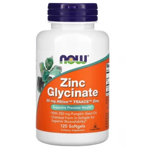 Цинк (гліцинат) + масло з насіння гарбуза, NOW, Zinc Glycinate 30 мг - 120 гель капс