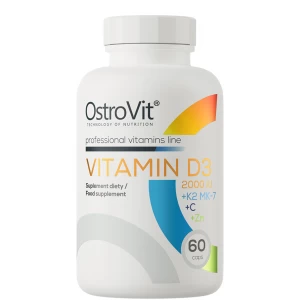 Вітаміни Д3, К2, С + Цинк, OstroVit, Vitamin D3 2000 IU + K2 MK-7 + C + Zn - 60 капс