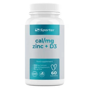 Кальций, Магний, Цинк + Витамин Д3, Sporter, Calcium + Magnesium + Zinc + D3 - 60 таб